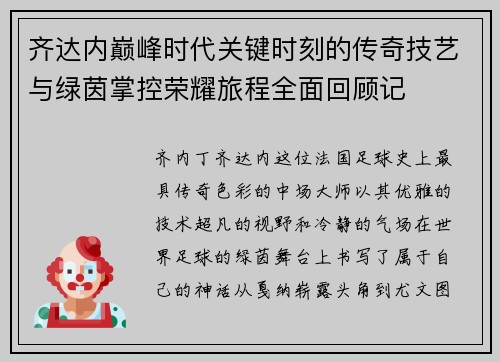 齐达内巅峰时代关键时刻的传奇技艺与绿茵掌控荣耀旅程全面回顾记