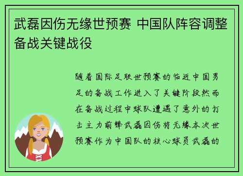 武磊因伤无缘世预赛 中国队阵容调整备战关键战役 武磊因伤无缘世预赛 中国队阵容调整备战关键战役