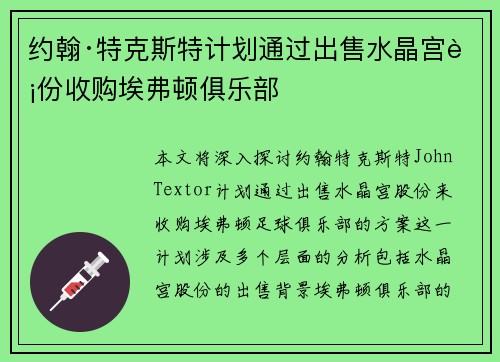约翰·特克斯特计划通过出售水晶宫股份收购埃弗顿俱乐部 约翰·特克斯特计划通过出售水晶宫股份收购埃弗顿俱乐部